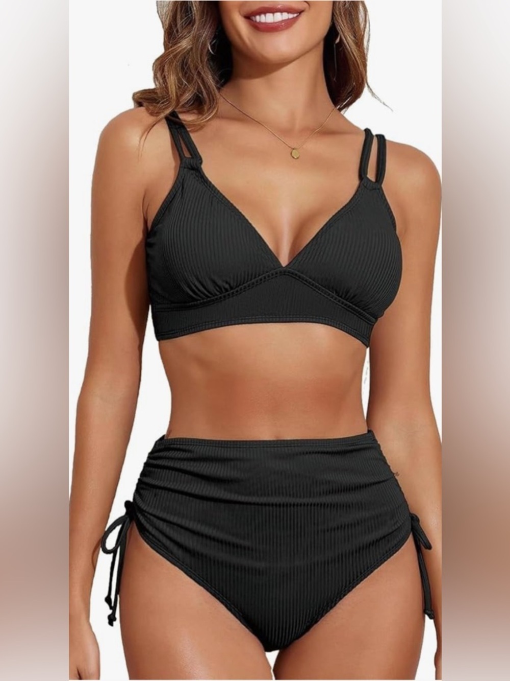 NEW-Medium Black Ribbed High-Waist double adjustable straps
Rouched Full Bottoms